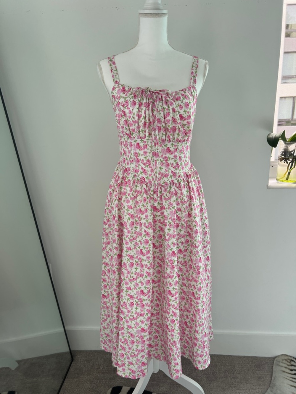 Smocked Pink Floral Midi Dress with Spaghetti Straps